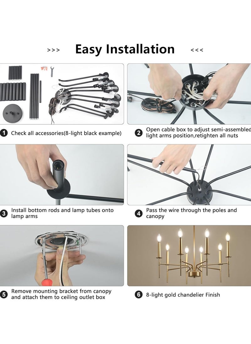 ERENYEA - 8 Light Gold Chandelier Light Fixture,Modern Farmhouse Dining Room Chandelier Over Table,E12 Round Metal Candle Pendant Chandelier for Foyer Entryway Living Room Bedroom Stairway - Image 1