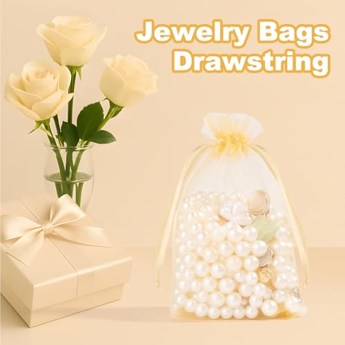 Crweety 50 Pcs 4x6 Inch Gold Organza Bags, Small Mesh Gift Bags Drawtring for Wedding Favor Candy Bridal Shower Party Favor, Luxury Jewelry Pouches for Holiday & Mothers Day Gift Wrap - Image 4