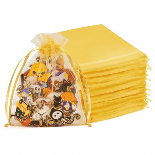 Crweety 50 Pcs 4x6 Inch Gold Organza Bags, Small Mesh Gift Bags Drawtring for Wedding Favor Candy Bridal Shower Party Favor, Luxury Jewelry Pouches for Holiday & Mothers Day Gift Wrap - Image 1