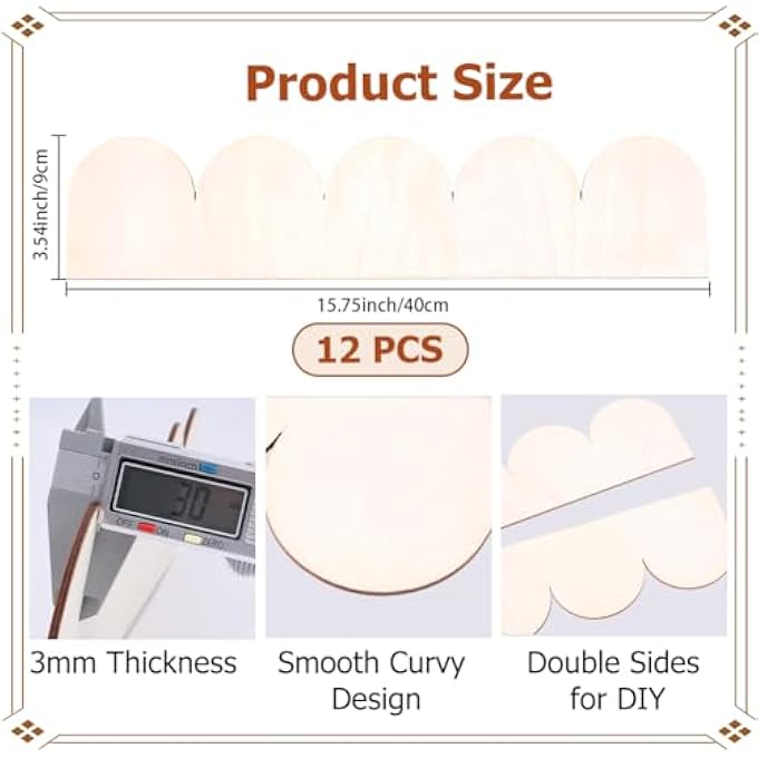 12PCS 3.5 X 15.7 INCH UNFINISHED WOODEN TRIM SCALLOPED BORDER TRIM OLD LACE WOVEN BLANK WOOD DECORATIVE TILE FOR HOME WALL CABINET SHELF WINDOW DOOR DOLLHOUSES PHOTO FRAME DIY DECOR - Image 3