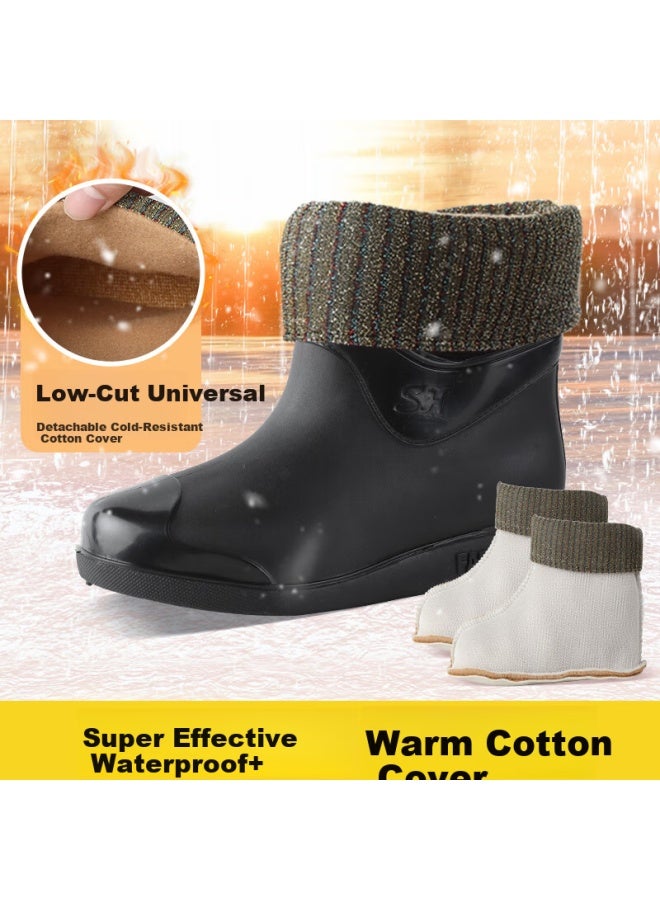 Footoppo Women's Short Plush Lined Rain Boots Waterproof Non-slip Warm Rubber Shoes Adult Women's Water Shoes - Image 1
