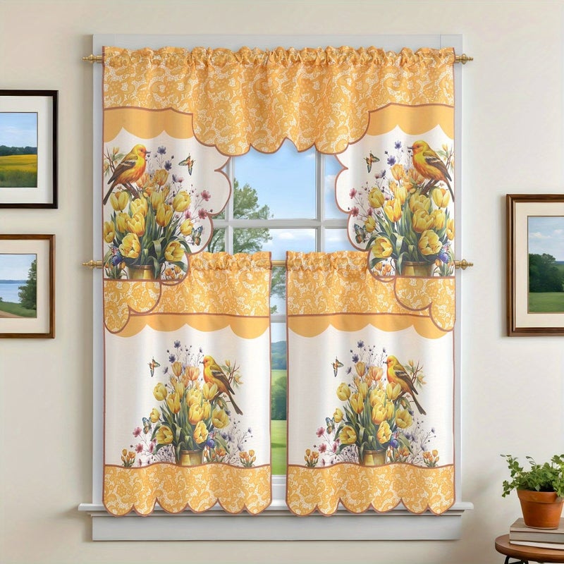 Bluebird With Cherry Blossom Window Curtain Set 3pcs Spring Home Decoration - Image 2