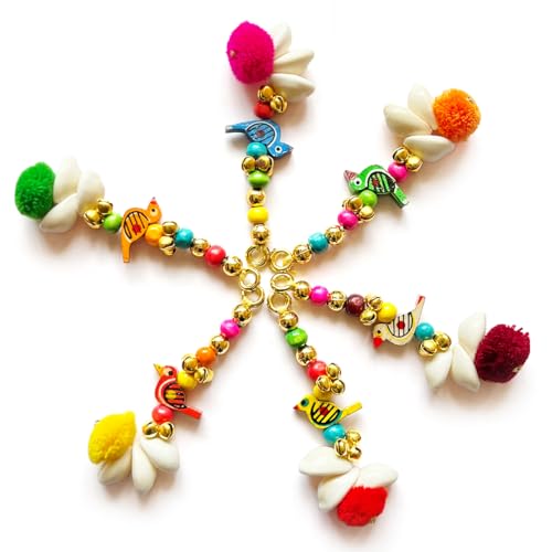 Adikala Kaudi Shells, Wooden Parrot and ghungroo with Pompom Tassels for Saree Pallu, Designer Dress, Lehenga, Suits, Blouses, Bags, DIY Art and Craft (10, Multi Color) - Image 1