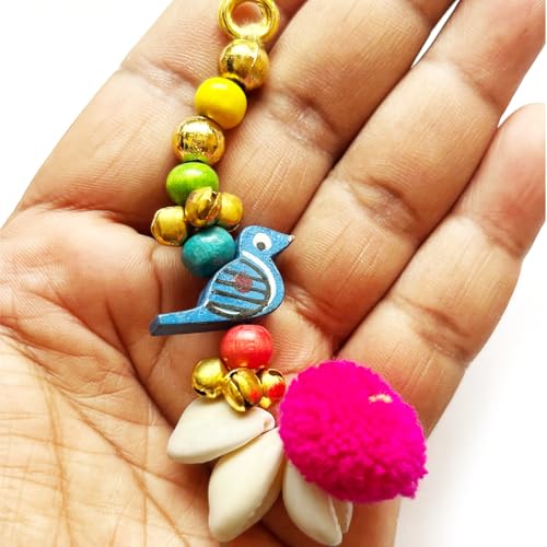 Adikala Kaudi Shells, Wooden Parrot and ghungroo with Pompom Tassels for Saree Pallu, Designer Dress, Lehenga, Suits, Blouses, Bags, DIY Art and Craft (10, Multi Color) - Image 5