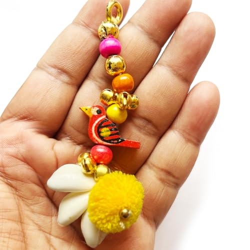 Adikala Kaudi Shells, Wooden Parrot and ghungroo with Pompom Tassels for Saree Pallu, Designer Dress, Lehenga, Suits, Blouses, Bags, DIY Art and Craft (10, Multi Color) - Image 3