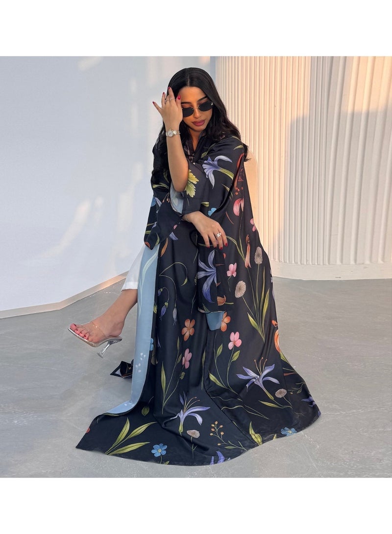 Women Ivory Floral Printed Abaya Set With Hijab Turkish Modest Maxi Dress Kimono Sleeve Loose Islamic Wear - Image 3