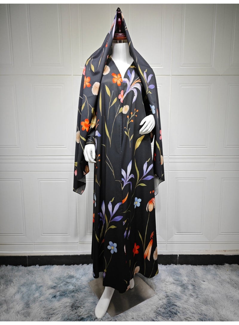 Women Ivory Floral Printed Abaya Set With Hijab Turkish Modest Maxi Dress Kimono Sleeve Loose Islamic Wear - Image 5