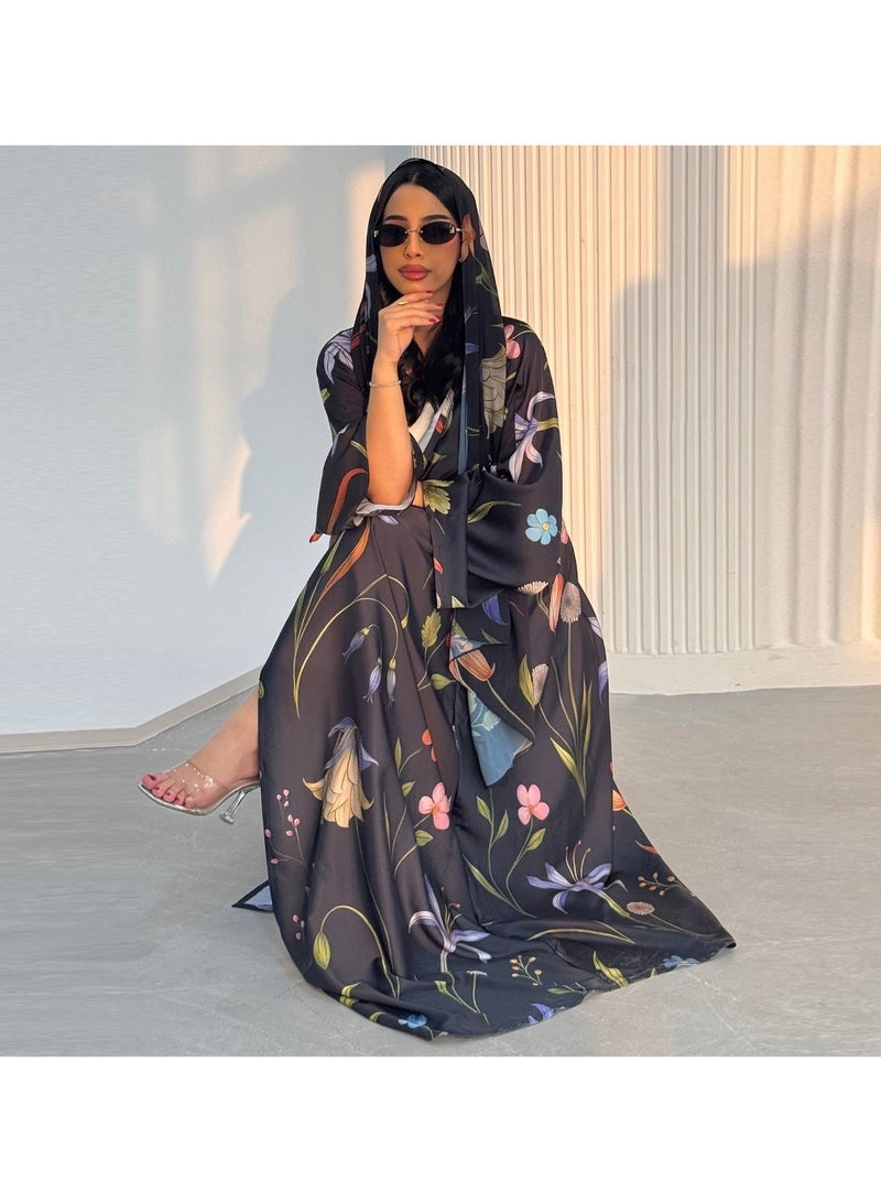 Women Ivory Floral Printed Abaya Set With Hijab Turkish Modest Maxi Dress Kimono Sleeve Loose Islamic Wear - Image 1