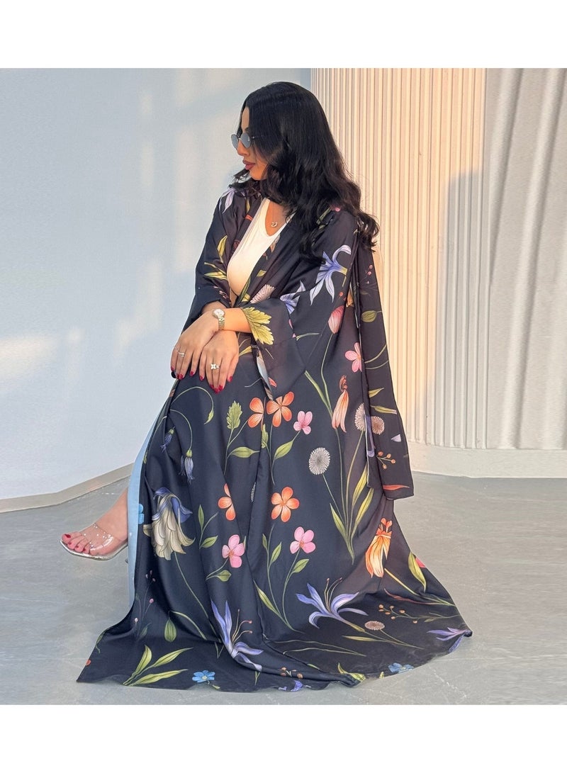 Women Ivory Floral Printed Abaya Set With Hijab Turkish Modest Maxi Dress Kimono Sleeve Loose Islamic Wear - Image 2
