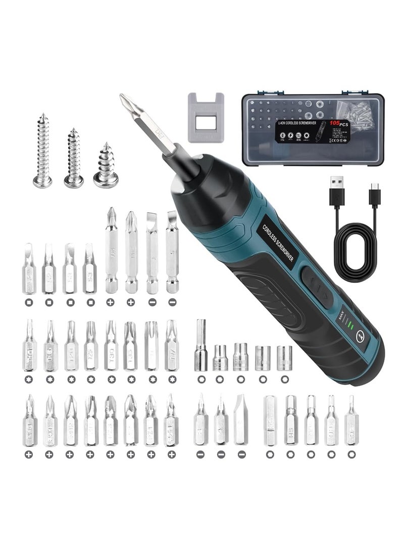 105 pcs Cordless Electric Screwdriver Set With LED 4 Switch Torques 37 Bits  Storage Case 1300mAh Rechargeable Battery Portable Utility Tool For Repairing Woodwork DIY Projects And More - Image 1