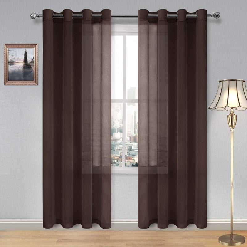 DWCN Brown Sheer Curtains for Living Room Bedroom - Faux Linen Look Voile Drapes Grommet Top Window Curtain Panel 52 x 84 Inch Long, Set of 2 Panels - Image 1