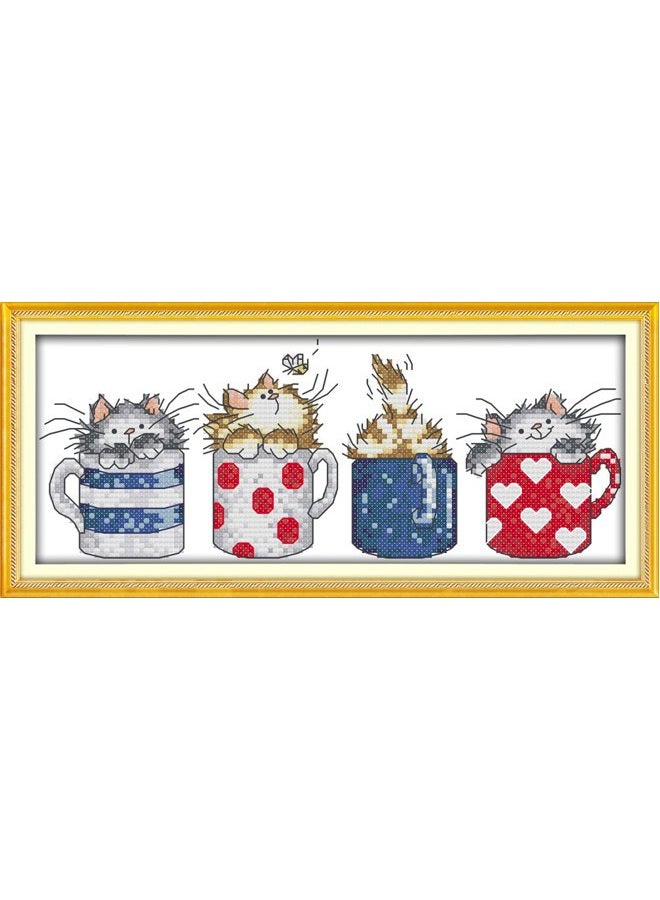 Stitchmelody Stamped Cross Stitch Kits,11CT Printed Pattern DMC Embroidery Set,DIY Kit-4 Cats in The Cups 37cm×17cm - Image 1