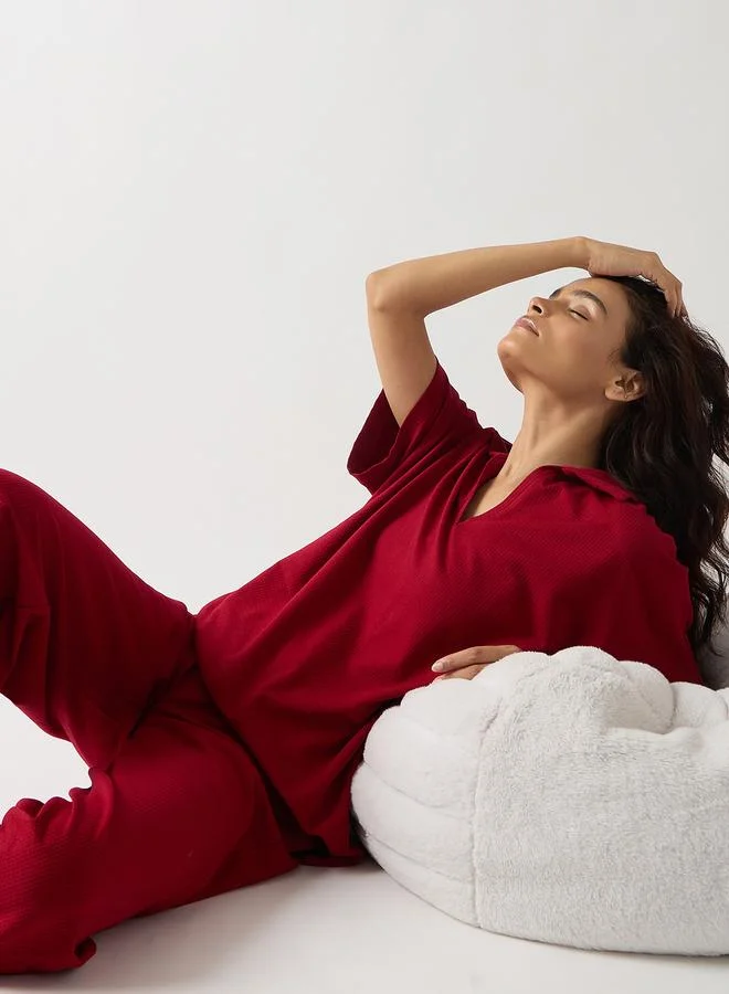 Femmella Red Cotton Knit Straight Fit Pants