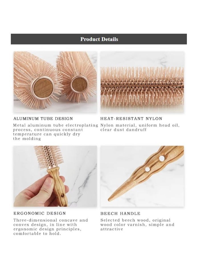 Round hairbrush made of wood and stainless steel, Golden color