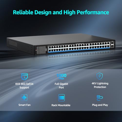 NICGIGA 48 Port Gigabit PoE Switch Unmanaged with 48 Port IEEE802.3af/at PoE+@400W, 2 x 1G SFP, NICGIGA 50 Port Network Power Over Ethernet Switch, Desktop/Rackmount - Image 3
