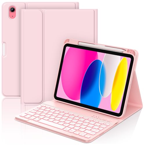 COO for iPad 11/10th Gen Case with Keyboard(11" A16 2025 & 10.9" 2022)-7 Colors Backlit Wireless Detachable Bluetooth Keyboard Cover with Pencil Holder, Auto Wake/Sleep for iPad A16 KeyboardCase(Pink) - Image 1
