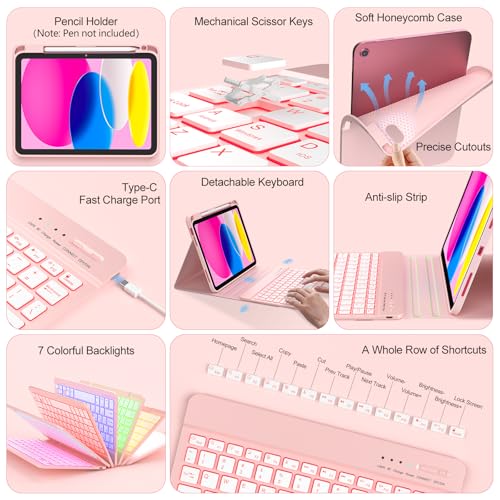 COO for iPad 11/10th Gen Case with Keyboard(11" A16 2025 & 10.9" 2022)-7 Colors Backlit Wireless Detachable Bluetooth Keyboard Cover with Pencil Holder, Auto Wake/Sleep for iPad A16 KeyboardCase(Pink) - Image 2