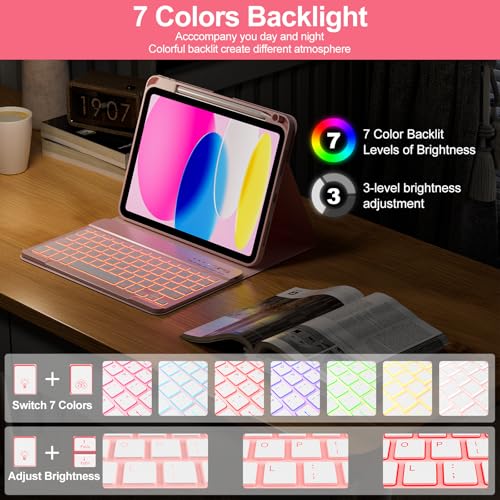 COO for iPad 11/10th Gen Case with Keyboard(11" A16 2025 & 10.9" 2022)-7 Colors Backlit Wireless Detachable Bluetooth Keyboard Cover with Pencil Holder, Auto Wake/Sleep for iPad A16 KeyboardCase(Pink) - Image 4