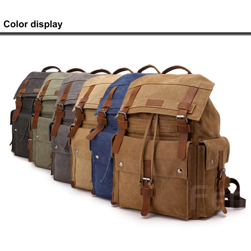 Blue Canvas Backpack - Ergonomic Design Washed Canvas & Crazy Horse Leather, Large-Capacity Multi-Pocket Magnetic Buckle for Daily Commute & Outdoor Use - Image 4