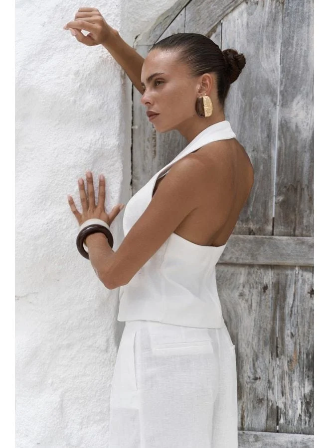 Dena Back-Deep V-neck White Linen Vest and Trouser Set.