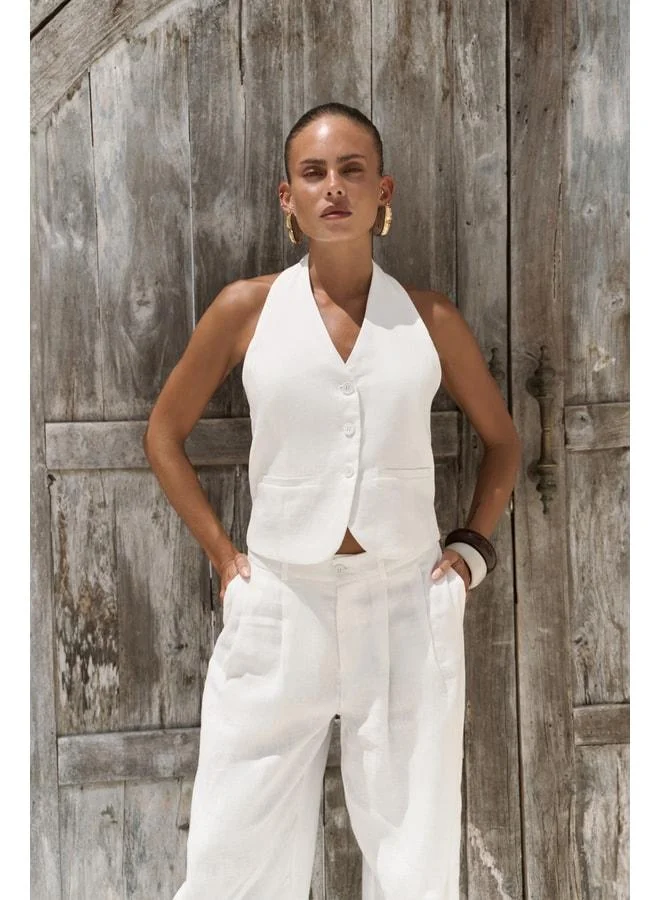 Bohemai  Dena Back-Deep V-neck White Linen Vest and Trouser Set. for Women | Best Price UAE