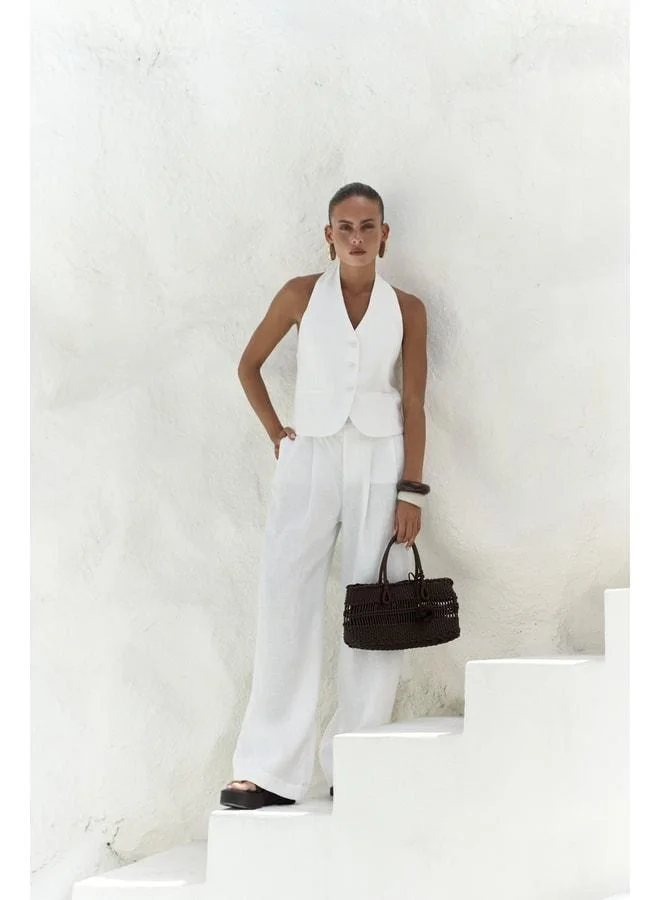 Bohemai  Dena Back-Deep V-neck White Linen Vest and Trouser Set. for Women | Best Price UAE