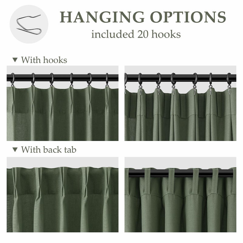 Aersas Olive Green Linen Curtains 84 Inches Long for Living Room Pinch Pleated Drape with Hooks Back Tab Light Filtering Boho Forest Hunter Moss Sheer Green Curtain 84 Inch Length for Bedroom - Image 2