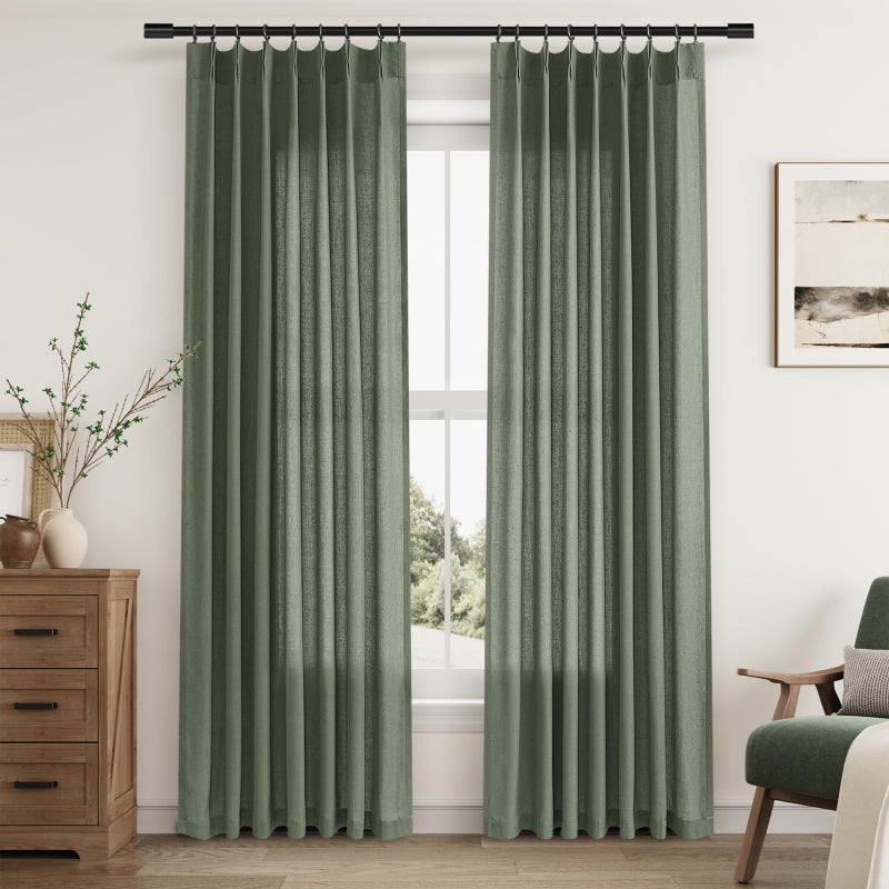 Aersas Olive Green Linen Curtains 84 Inches Long for Living Room Pinch Pleated Drape with Hooks Back Tab Light Filtering Boho Forest Hunter Moss Sheer Green Curtain 84 Inch Length for Bedroom - Image 1