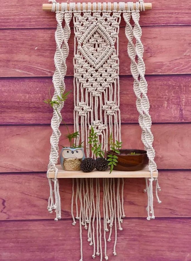 Urooz Macram Wooden Wall Hanging Shelf |985| Modern Chic Woven Macrame Tapestries, Wall Art Home Decor for Apartment, Dorm, Bedroom, Living Room, Nursery, Party Decorations, 15" Wx 16" H - Image 1