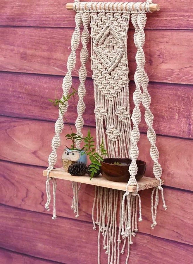 Urooz Macram Wooden Wall Hanging Shelf |985| Modern Chic Woven Macrame Tapestries, Wall Art Home Decor for Apartment, Dorm, Bedroom, Living Room, Nursery, Party Decorations, 15" Wx 16" H - Image 2
