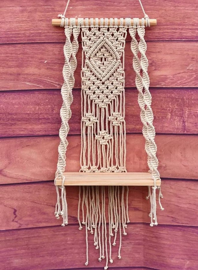 Urooz Macram Wooden Wall Hanging Shelf |985| Modern Chic Woven Macrame Tapestries, Wall Art Home Decor for Apartment, Dorm, Bedroom, Living Room, Nursery, Party Decorations, 15" Wx 16" H - Image 3
