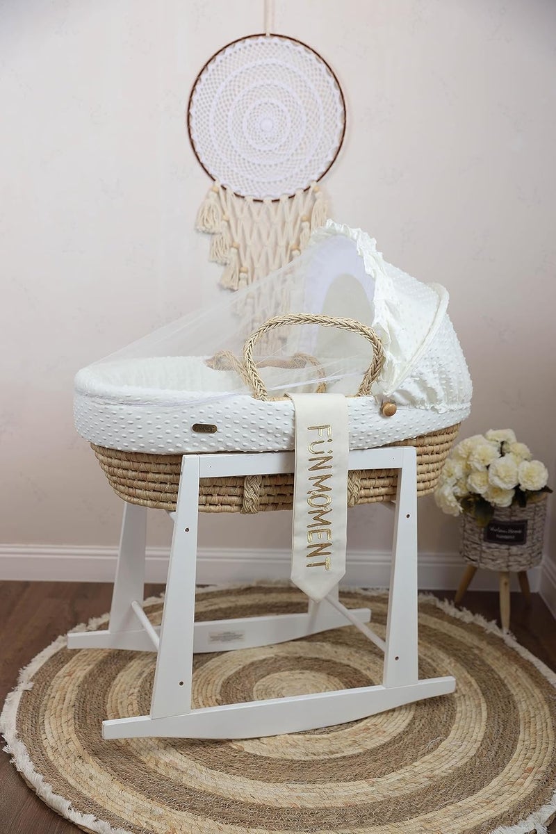 Moses Basket Sugar Baby Bed with Wooden Rocking Stand White - Image 1
