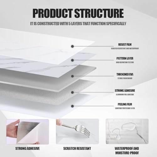 Chejiaye 10pcs Marble Peel and Stick Backsplash Waterproof Washroom Wall Panels, Peel and Stick Tile, PVC Foam Wall Panels for Kitchen,Bathroom,Living Room,White and Grey(Not Real Tile,11.8" x 11.8") - Image 5