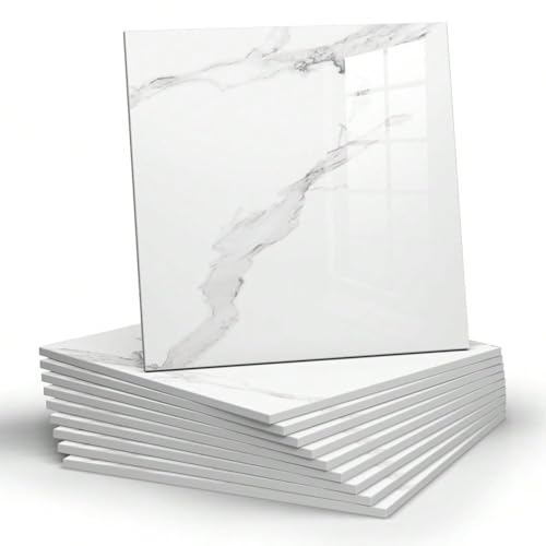 Chejiaye 10pcs Marble Peel and Stick Backsplash Waterproof Washroom Wall Panels, Peel and Stick Tile, PVC Foam Wall Panels for Kitchen,Bathroom,Living Room,White and Grey(Not Real Tile,11.8" x 11.8") - Image 1