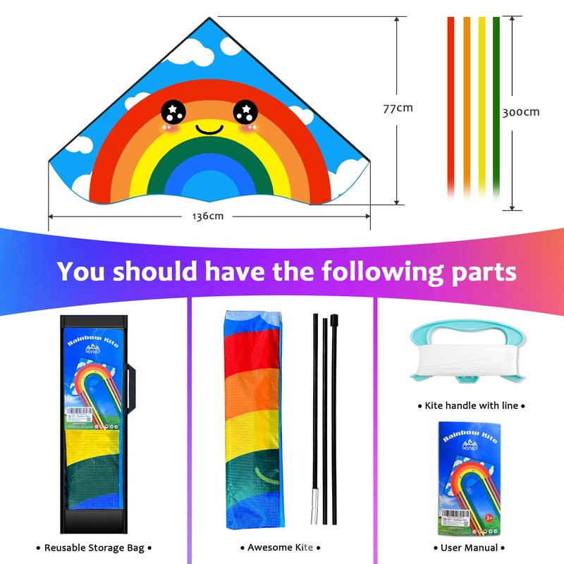 Honbo Huge Rainbow Delta Kites for Kids and Adults-60 Wide with 9.5' Long Tail- Easy Flyer - Kit Line and Swivel Included- Good for Outdoor Games and Summer The Beach Toys for Kids - Image 5