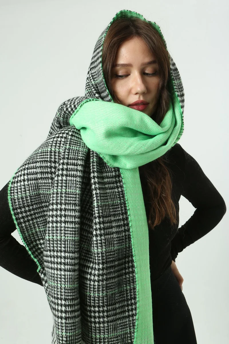 REMSA Double-Sided Houndstooth Plaid Patterned Scarf Shoulder Shawl 70X185 cm 1212 Neon Green