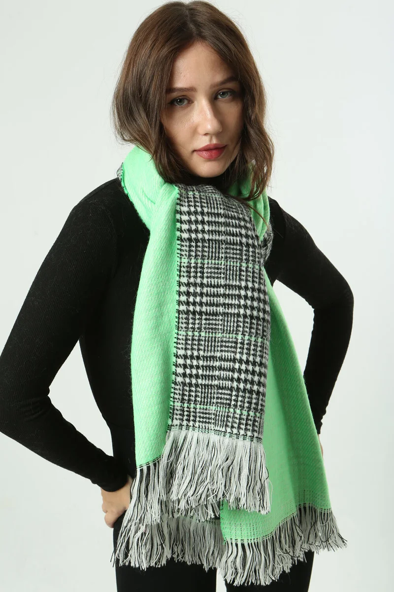 REMSA Double-Sided Houndstooth Plaid Patterned Scarf Shoulder Shawl 70X185 cm 1212 Neon Green