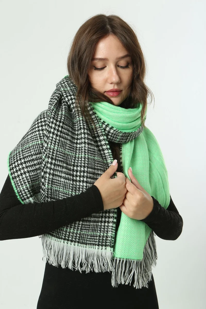 REMSA Double-Sided Houndstooth Plaid Patterned Scarf Shoulder Shawl 70X185 cm 1212 Neon Green