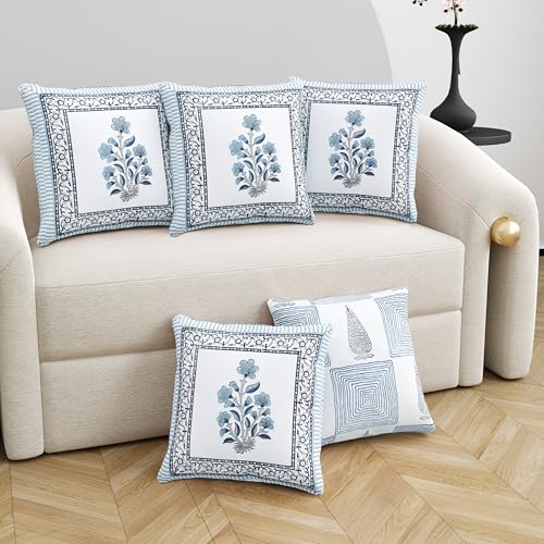 BLOCKS OF INDIA Hand Block Printed Cotton Cushion Cover (16 x 16 inches) (5, Blue Grey Rose) - Image 2