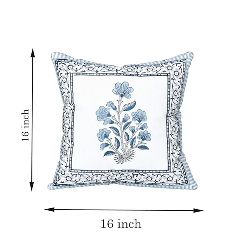 BLOCKS OF INDIA Hand Block Printed Cotton Cushion Cover (16 x 16 inches) (5, Blue Grey Rose) - Image 5