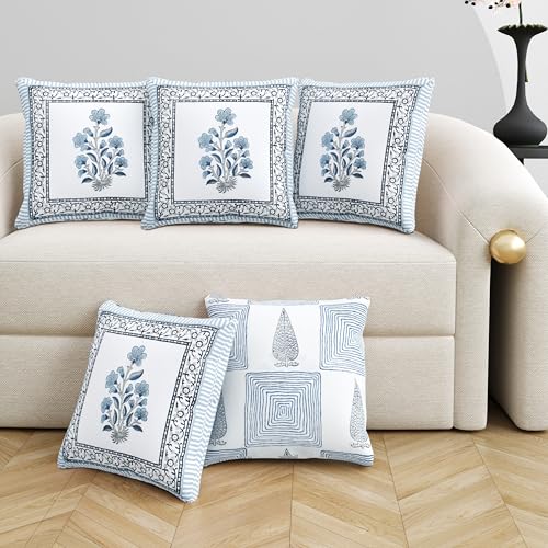 BLOCKS OF INDIA Hand Block Printed Cotton Cushion Cover (16 x 16 inches) (5, Blue Grey Rose) - Image 1