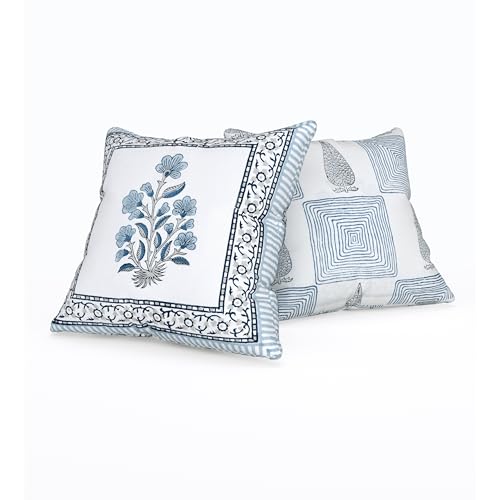 BLOCKS OF INDIA Hand Block Printed Cotton Cushion Cover (16 x 16 inches) (5, Blue Grey Rose) - Image 4