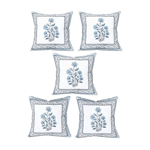 BLOCKS OF INDIA Hand Block Printed Cotton Cushion Cover (16 x 16 inches) (5, Blue Grey Rose) - Image 3
