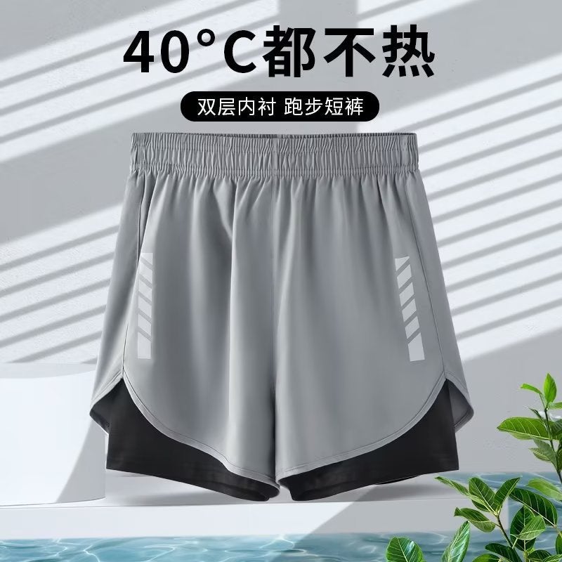 American sports shorts mens running cycling marathon quick-drying ice silk lining training fitness basketball three pants summer Black - Image 3
