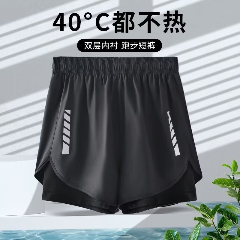 American sports shorts mens running cycling marathon quick-drying ice silk lining training fitness basketball three pants summer Black - Image 2