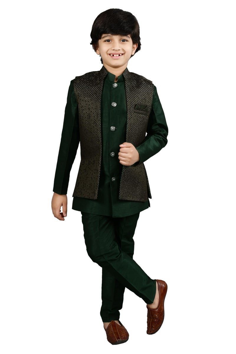 AHHAAAA Kids Ethnic Silk Blend Waistcoat Kurta Pyjama 3 Piece Sherwani Set For Boys |Green 3-4 Years, 540| - Image 1