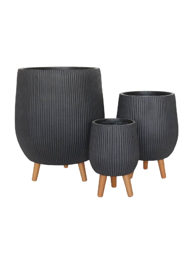 جينو طقم أوعية زهور من ألياف الصلصال يتكون من 3قطع بأرجل خشبية وبلونين أسود وبني  47 × 46 × 46 سم LT14725T-3S+LT8034-A - Image 1