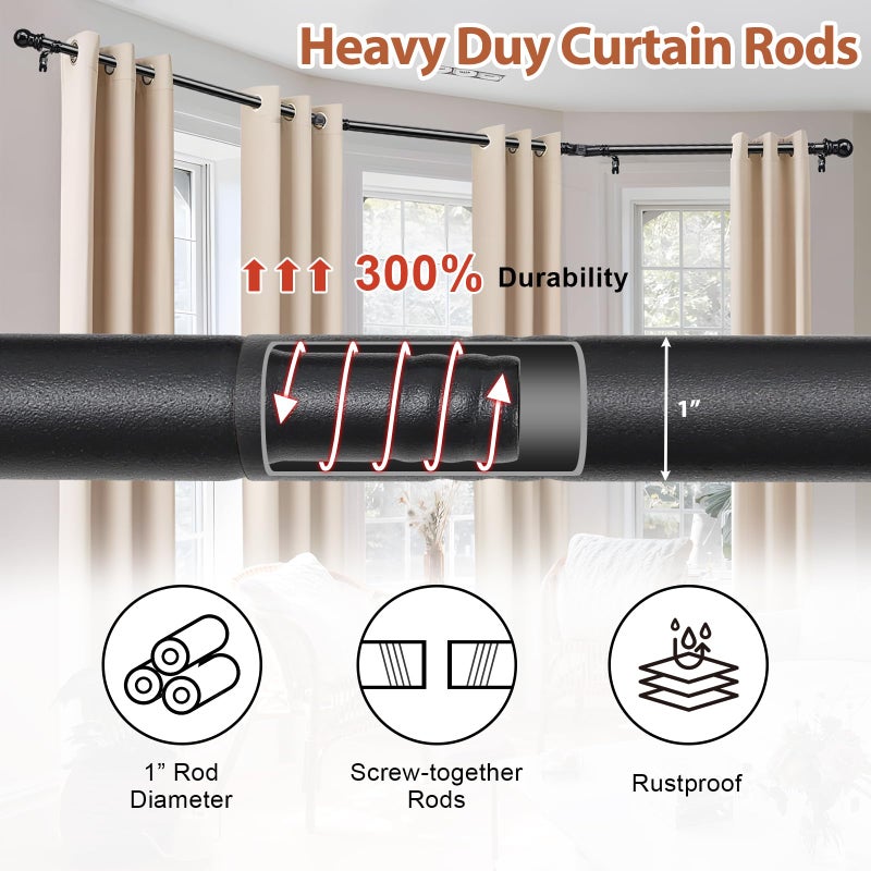ETICSIPA Bay Window Curtain Rods 1 Inch Heavy Duty Metal Corner Curtain Rod for Windows 59-184â€ Adjustable U Shaped Curtain Rod with Decorative End Black - Image 3