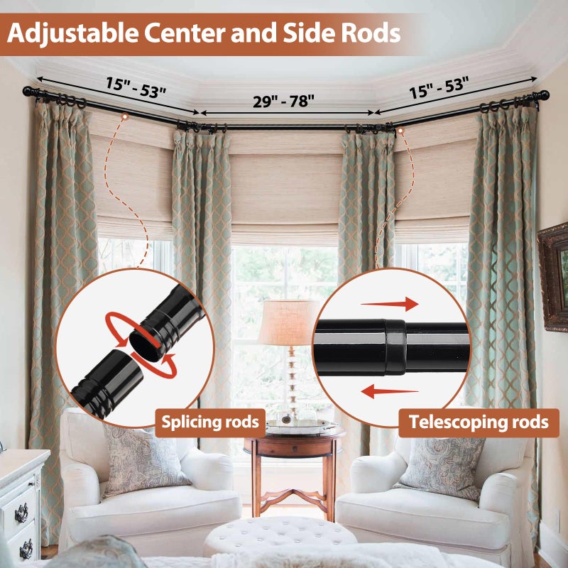 ETICSIPA Bay Window Curtain Rods 1 Inch Heavy Duty Metal Corner Curtain Rod for Windows 59-184â€ Adjustable U Shaped Curtain Rod with Decorative End Black - Image 5