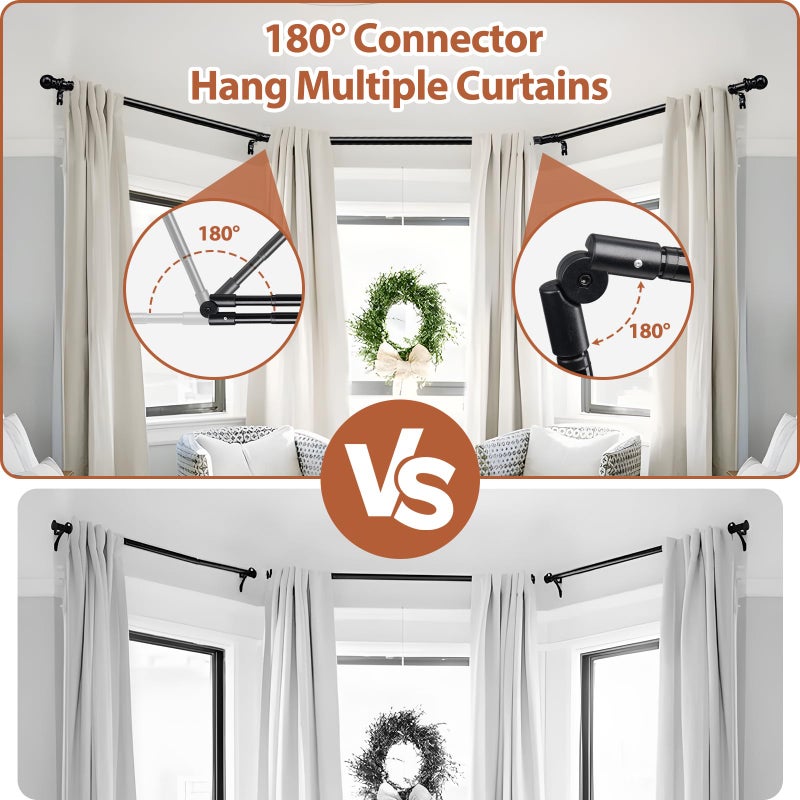 ETICSIPA Bay Window Curtain Rods 1 Inch Heavy Duty Metal Corner Curtain Rod for Windows 59-184â€ Adjustable U Shaped Curtain Rod with Decorative End Black - Image 2